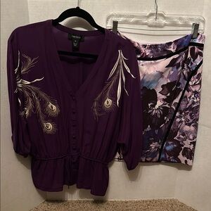 Karen Kane Purple Blouse and Floral Skirt Set